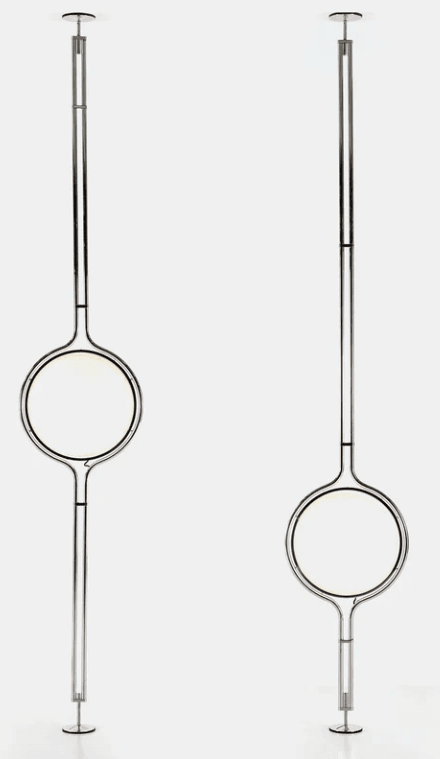 A tall, slender floor lamp featuring a polished metal pole and a distinctive circular LED light source positioned centrally. The design is minimalist and contemporary. — 3D model