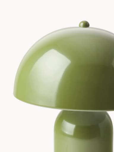 A olive green table lamp featuring a distinctive mushroom-shaped shade and a cylindrical base, both finished with a glossy enamel coating. — 3D model