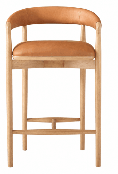 A contemporary bar stool featuring a light-toned wooden frame and tan leather upholstery on the seat and curved backrest/arms. It includes a footrest rung for comfort. — 3D model