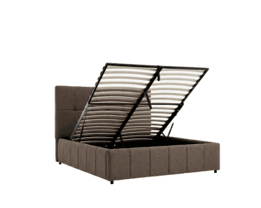 A bed frame with a headboard and a storage compartment accessible via a hydraulic lift mechanism. The bed frame is upholstered and features a slatted base that can be raised to reveal internal storage. — 3D model
