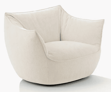 A contemporary lounge chair with a rounded, inviting silhouette, fully upholstered in a light-colored fabric. The design features a high, curved backrest that flows into integrated armrests, and it rests on a low-profile base, likely a swivel mechanism, providing a sculptural and comfortable seating option. — 3D model