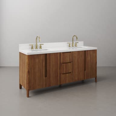 A double vanity cabinet with a white countertop, featuring two integrated sinks and brass faucets. The cabinet base is made of wood with a prominent grain pattern and has a configuration of two cabinet doors on the left, three drawers in the center, and one cabinet door on the right. The handles are integrated and made of a dark material, possibly bronze or dark brass. The unit is supported by four angled legs. — 3D model