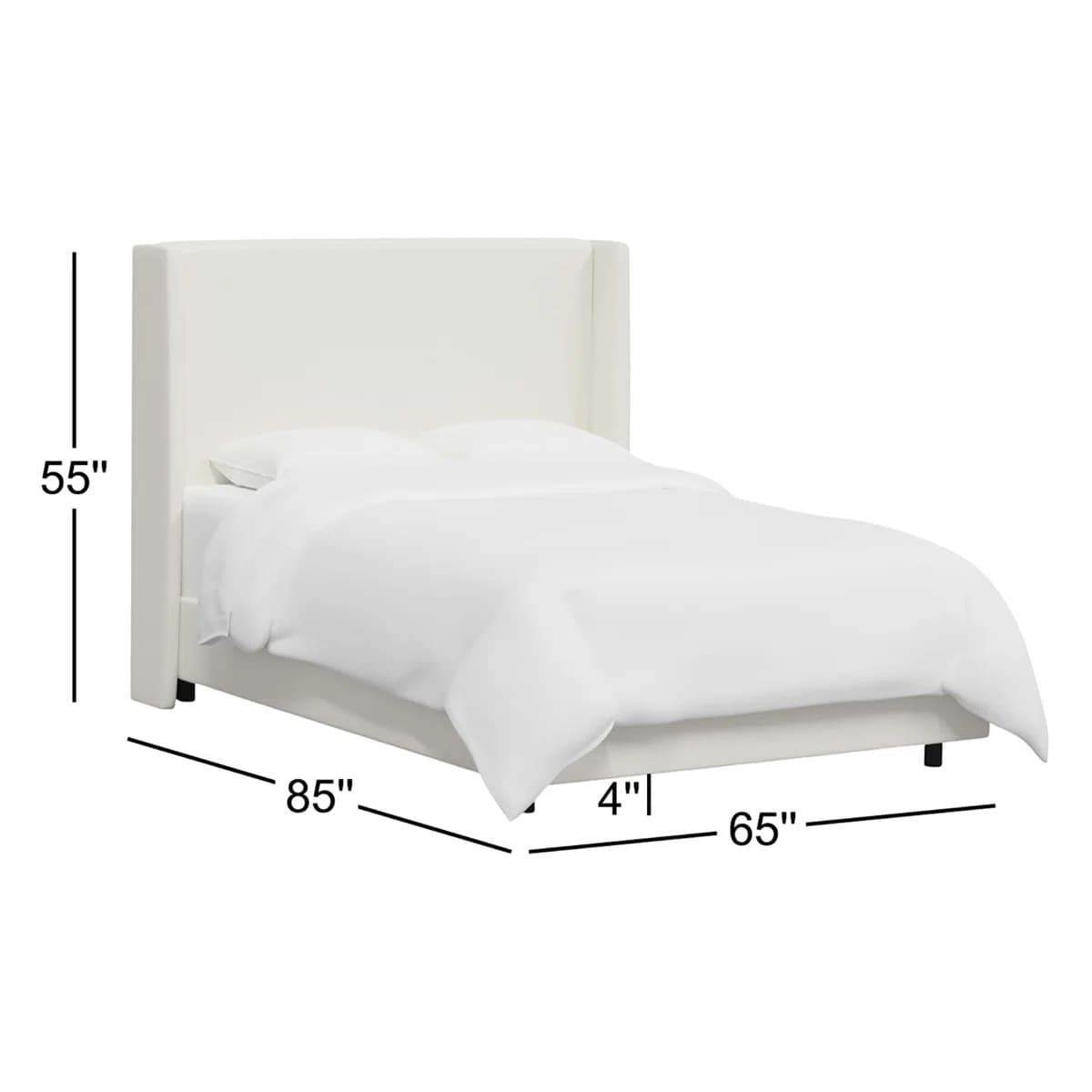 A white upholstered bed frame with a tall, winged headboard. The bed is dressed in white linens, including a duvet and pillows. Dimensions are provided: 55 inches in height for the headboard, 85 inches in length, and 65 inches in width. The frame itself appears to be a platform style with a low profile, indicated by the 4-inch measurement. The legs are black and barely visible. — 3D model