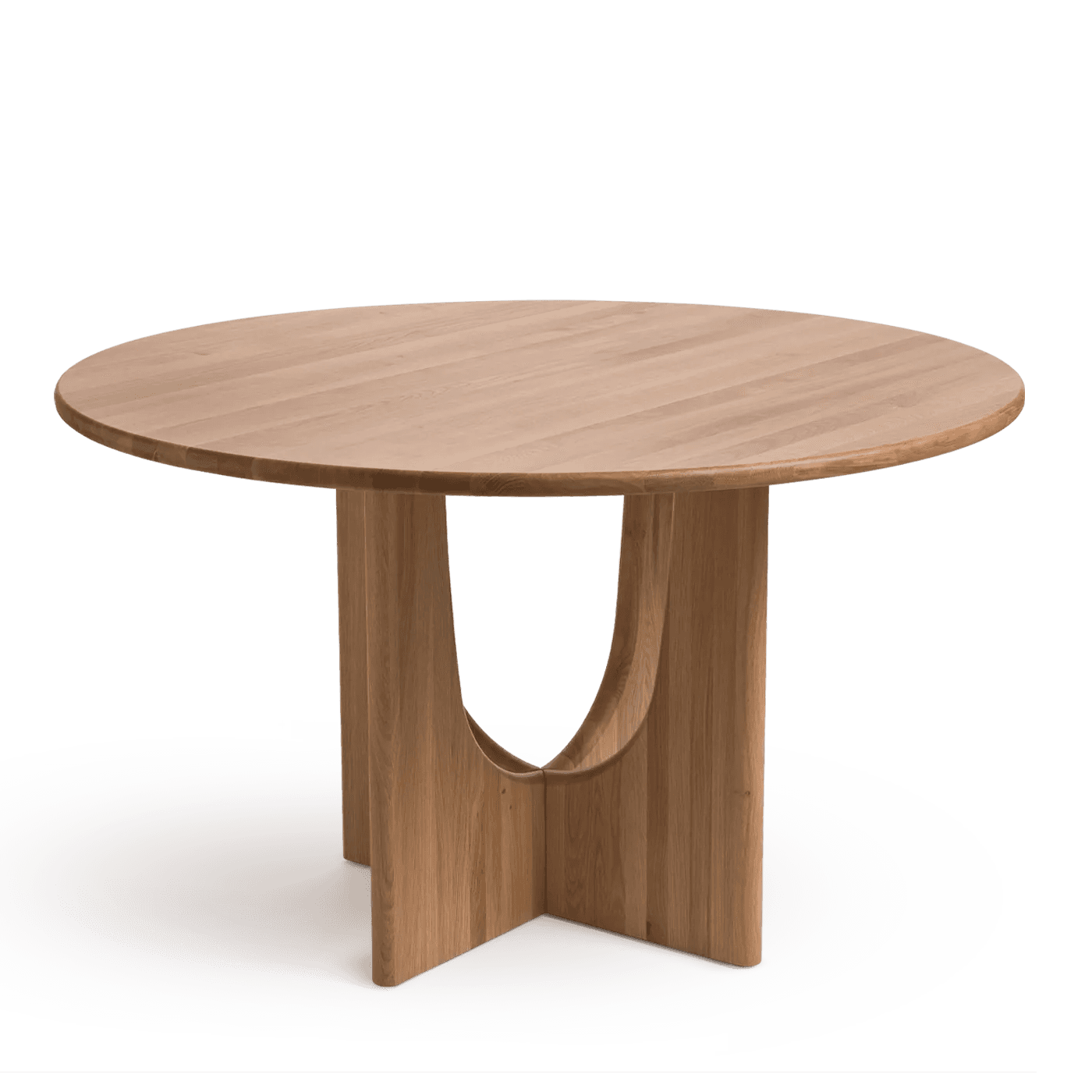 A modern round dining table featuring a solid wood construction with a light, natural oak finish. The tabletop is perfectly circular, and it is supported by a distinctive sculptural pedestal base with a large, central, curved cutout, providing both stability and a contemporary aesthetic. — 3D model