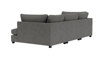 A modular three-seater sofa with a low profile and deep seating. It features thick, plush seat cushions and back cushions. The sofa is upholstered in a textured, matte gray fabric. Accent pillows are placed on either end, angled against the back cushions. The sofa rests on short, dark, block-style legs. — 3D model
