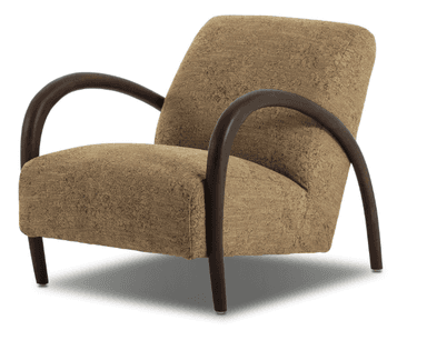 An upholstered armchair featuring a textured brown fabric on the seat and backrest. The chair is distinguished by its dark, curved wooden armrests that run from the top of the backrest to the base of the seat, forming part of the exposed frame. The design appears contemporary with clean lines and integrated cushioning. — 3D model