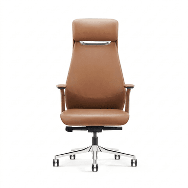 A high-backed executive office chair upholstered in tan or caramel-colored leather, featuring a modern, ergonomic design. It has padded armrests with chrome supports, a polished chrome five-star swivel base with black dual-wheel casters, and a distinct headrest. The backrest and seat are contoured for comfort and support, and the overall aesthetic is sleek and professional. — 3D model
