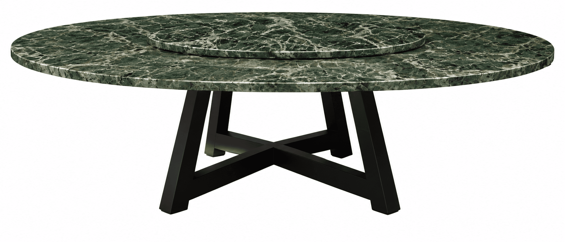 A contemporary round dining table featuring a striking green marble top with prominent white veining. An integrated, smaller round lazy susan of the same marble material is centrally positioned on the main tabletop. The table is supported by a sturdy black base, constructed from four angled legs that form an X-shape at the bottom, providing stability and a modern aesthetic. — 3D model