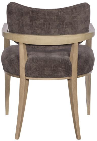 A contemporary armchair featuring a light-toned wooden frame with open, rectangular armrests and tapered legs. The seat and separate backrest cushion are upholstered in a dark, textured fabric with a subtle woven pattern. — 3D model