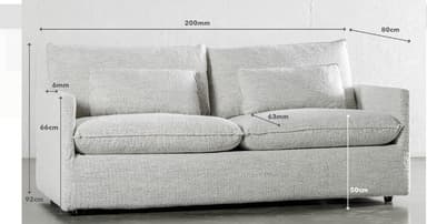 A light grey, contemporary two-seater sofa with a relaxed, deep-seated design. It features plush back cushions, two smaller rectangular throw pillows, and wide, low arms. The upholstery is a textured, light-colored fabric, and the sofa has a low profile, resting on discreet, recessed feet. — 3D model