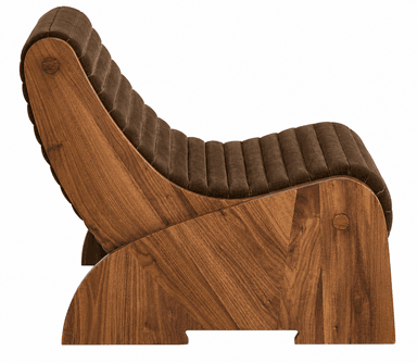 A modern lounge chair featuring a curved wooden frame with a distinct silhouette. The seat and back are upholstered in a textured, dark brown fabric with horizontal channel tufting. The wooden elements exhibit a natural grain pattern and appear to be bentwood or molded plywood, creating a fluid and sculptural form. The chair has a low profile and an ergonomic design for comfort. — 3D model