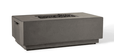 A rectangular outdoor fire pit constructed from dark gray concrete, featuring an inset central burner area filled with dark lava rocks. A subtle, integrated access panel is visible on one side. The unit rests on a slightly elevated, recessed base. — 3D model