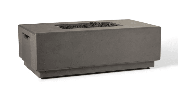 A rectangular outdoor fire pit constructed from dark gray concrete, featuring an inset central burner area filled with dark lava rocks. A subtle, integrated access panel is visible on one side. The unit rests on a slightly elevated, recessed base. — 3D model