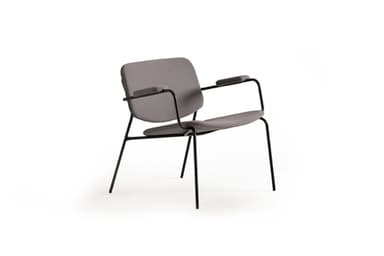 A modern armchair with a minimalist design. It features a gently curved backrest and seat, both upholstered in a gray fabric. The armrests are integrated into the frame and also upholstered. The chair is supported by a slender, black metal frame with four splayed legs, providing a contemporary aesthetic. — 3D model