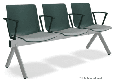 A three-seater waiting bench with a metal frame and plastic seats and backrests. Each seat has an integrated armrest. The frame consists of two V-shaped legs supporting a horizontal beam. — 3D model