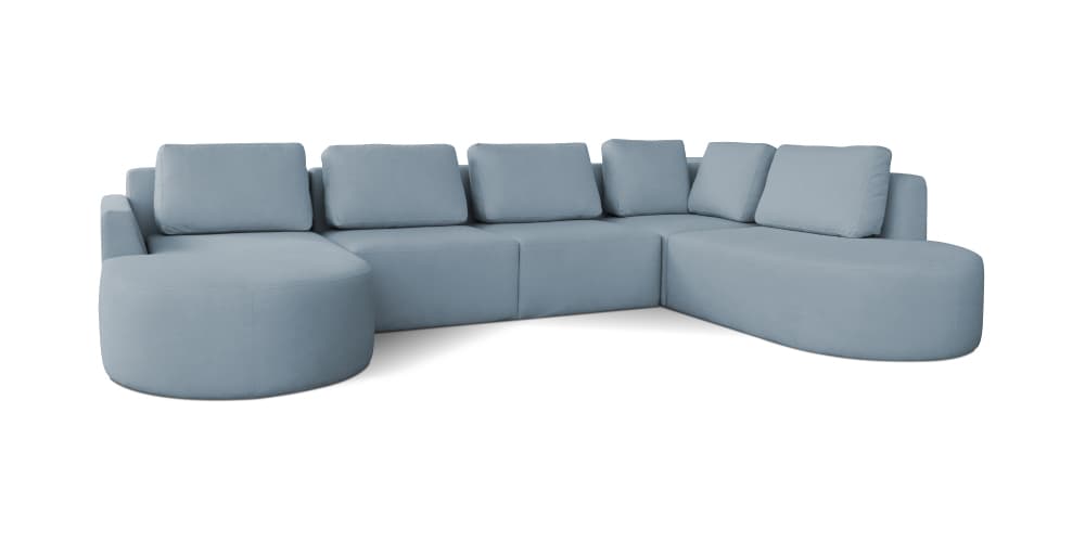 A contemporary U-shaped modular sectional sofa upholstered in a light blue fabric. The sofa features deep seating, low-profile armrests, and plush, separate seat and back cushions. Its modular design allows for flexible configuration, and it includes rounded chaise lounge elements at both ends, giving it a soft, inviting aesthetic. — 3D model