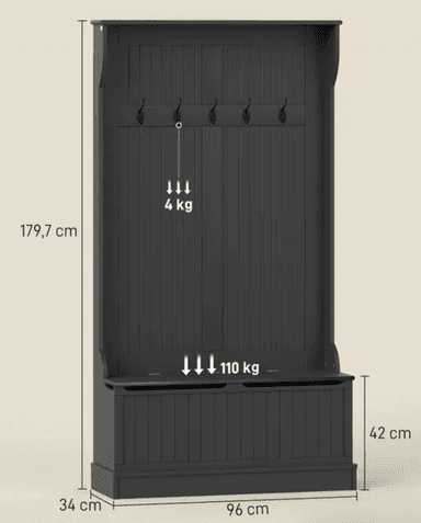 A dark grey, traditional-style hall tree featuring a tall, paneled back with five double-pronged metal coat hooks and a lift-top storage bench at the base. The unit includes a subtle top shelf and decorative side moldings, finished in a matte dark grey. — 3D model