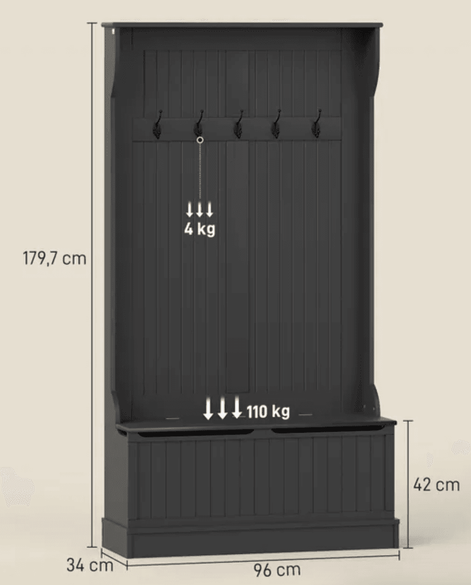 A dark grey, traditional-style hall tree featuring a tall, paneled back with five double-pronged metal coat hooks and a lift-top storage bench at the base. The unit includes a subtle top shelf and decorative side moldings, finished in a matte dark grey. — 3D model