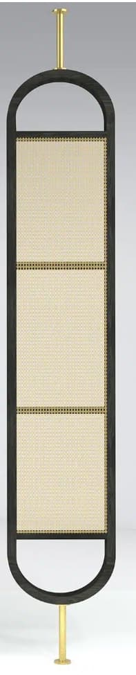 A tall, elongated room divider with a dark, matte-finished wooden frame. The frame has a rounded top and bottom, forming a U-shape on each end. The central section is divided into three rectangular panels, each filled with light-colored woven material, likely rattan or cane, featuring a fine, intricate weave pattern. The panels are separated by thin, horizontal brass-toned bands. The divider is supported by slender, cylindrical brass-toned poles at the top and bottom, anchored by small, circular plates. — 3D model