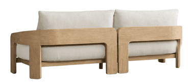 A contemporary two-seater loveseat featuring a visible light-toned oak wood frame and cream-colored fabric upholstery. It has a solid wooden base with integrated legs, gracefully curved armrests, and loose, plush seat and back cushions. — 3D model