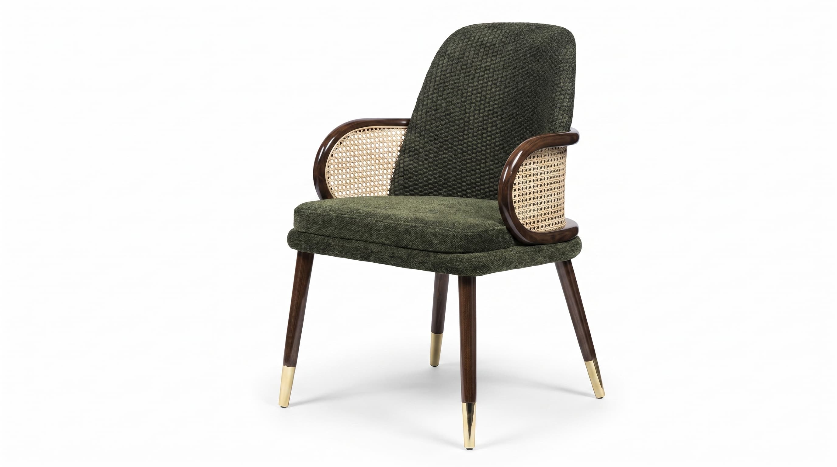 An elegant armchair featuring a dark green textured upholstered seat and a curved back. The arms are constructed with a dark wood frame and natural cane webbing. The tapered legs are dark wood with polished brass ferrule caps. — 3D model