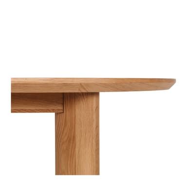 An oval dining table crafted from light-colored solid oak wood, featuring a smooth, rounded tabletop and four thick, rectangular-profile legs. — 3D model