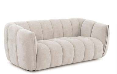 A long, rectangular upholstered ottoman featuring vertical channel tufting across its entire surface. The piece has soft, rounded ends and is covered in a light, neutral-toned fabric, possibly a linen or boucle. It rests on very low-profile, inconspicuous feet. — 3D model