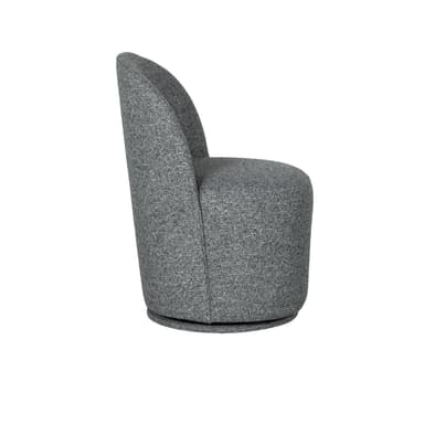 A modern upholstered accent chair featuring a barrel-like form and a swivel base, covered in a textured grey fabric. The chair's back is gently curved, indicating a comfortable and supportive design. The base is subtly recessed, creating a floating effect. It is photographed against a white background. — 3D model