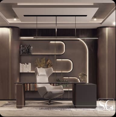 A modern high-back swivel office chair upholstered in light grey fabric, featuring integrated padded armrests, an ergonomic backrest with a separate headrest cushion, and a five-star polished metal base with casters for mobility. — 3D model
