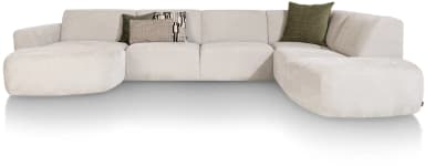 A sectional sofa, viewed from the rear, configured in an L-shape. It features a light beige upholstery with a textured finish. The sofa has a modular design with distinct cushioned sections. The backrests are low and straight, with visible stitching indicating the panel construction. The armrests are slightly rounded and integrated into the main body of the sofa. The base is low to the ground and appears to have small, dark feet. — 3D model