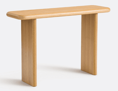 A minimalist console table with a rectangular top and two vertical legs. The top has slightly rounded edges. The legs are flat and extend from the underside of the top to the floor, with their bottom edges also slightly rounded for a smooth transition. The overall design is simple and modern. — 3D model