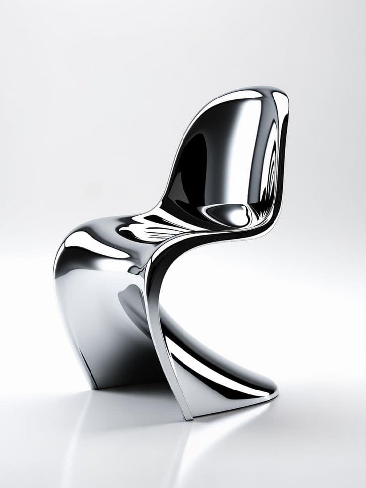 A highly polished, sculptural chair with a continuous, flowing form. The design features a smooth, S-shaped silhouette that merges the seat, back, and base into a unified, organic structure. The reflective surface creates dynamic highlights and shadows, emphasizing its avant-garde aesthetic. — 3D model