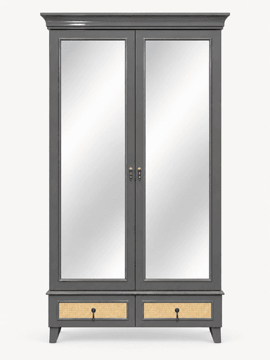 A dark grey wooden wardrobe featuring two full-length mirrored doors in the upper section and two lower drawers with natural rattan fronts and brass key-shaped handles. It has a stepped cornice top and tapered, splayed feet, presenting a transitional design aesthetic. — 3D model