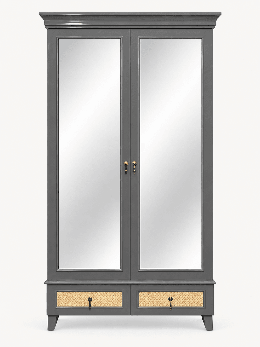 A dark grey wooden wardrobe featuring two full-length mirrored doors in the upper section and two lower drawers with natural rattan fronts and brass key-shaped handles. It has a stepped cornice top and tapered, splayed feet, presenting a transitional design aesthetic. — 3D model