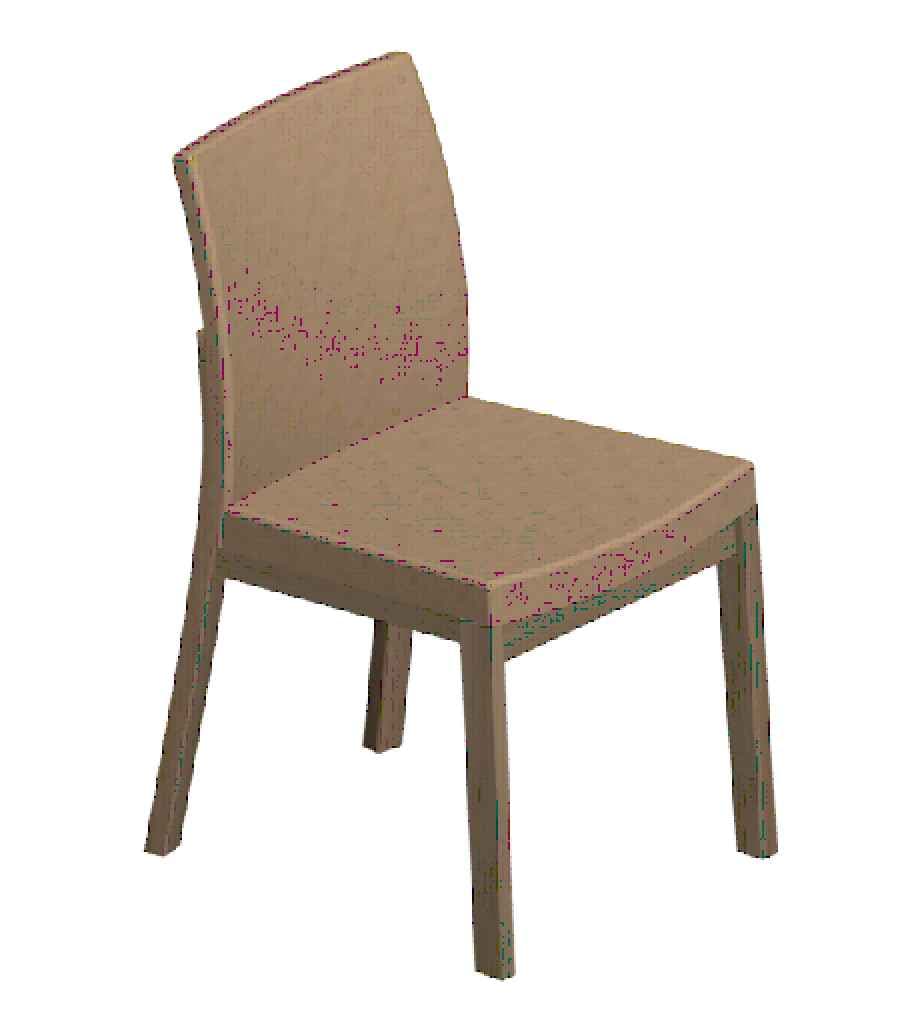 A single, modern side chair with a minimalist design, featuring a slightly curved backrest and a flat seat, constructed from a uniform brownish-beige material. — 3D model