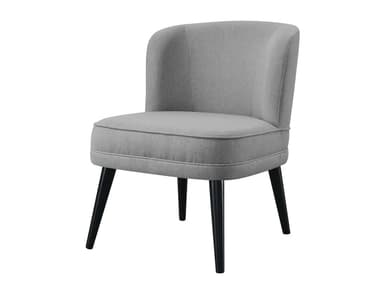 A compact, armless chair with a rounded back and light grey fabric upholstery, supported by four splayed black wooden legs, suitable for contemporary interiors. — 3D model