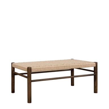 A minimalist bench featuring a dark stained wooden frame and a tightly woven natural fiber seat. — 3D model