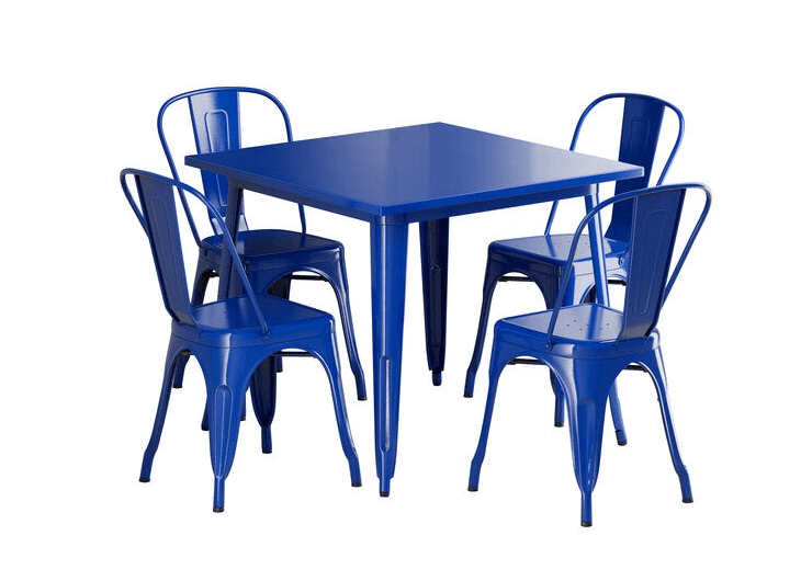 A square dining table with four matching chairs. The set is constructed entirely of metal and features a uniform glossy blue finish. The table has a simple square top supported by four tapered legs. The chairs have a minimalist design with a slatted seat and a curved backrest, also supported by tapered legs. — 3D model