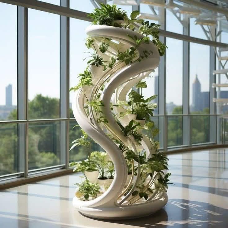 A freestanding modern vertical garden featuring a striking white spiral structure with multiple integrated pockets designed to hold individual potted plants. The structure tapers slightly from a wider base, providing stability and an aesthetic flow. Numerous small green plants are visible within the various levels of the spiral, creating a lush, living display. — 3D model