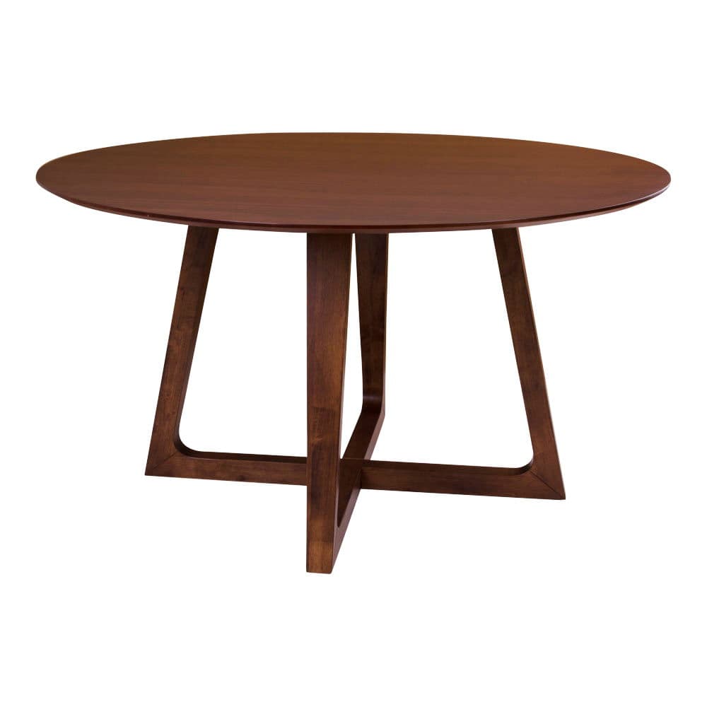 A round dining table with a dark reddish-brown wood finish, featuring a distinctive crisscross pedestal-style base composed of four tapered legs forming a stable support structure. — 3D model