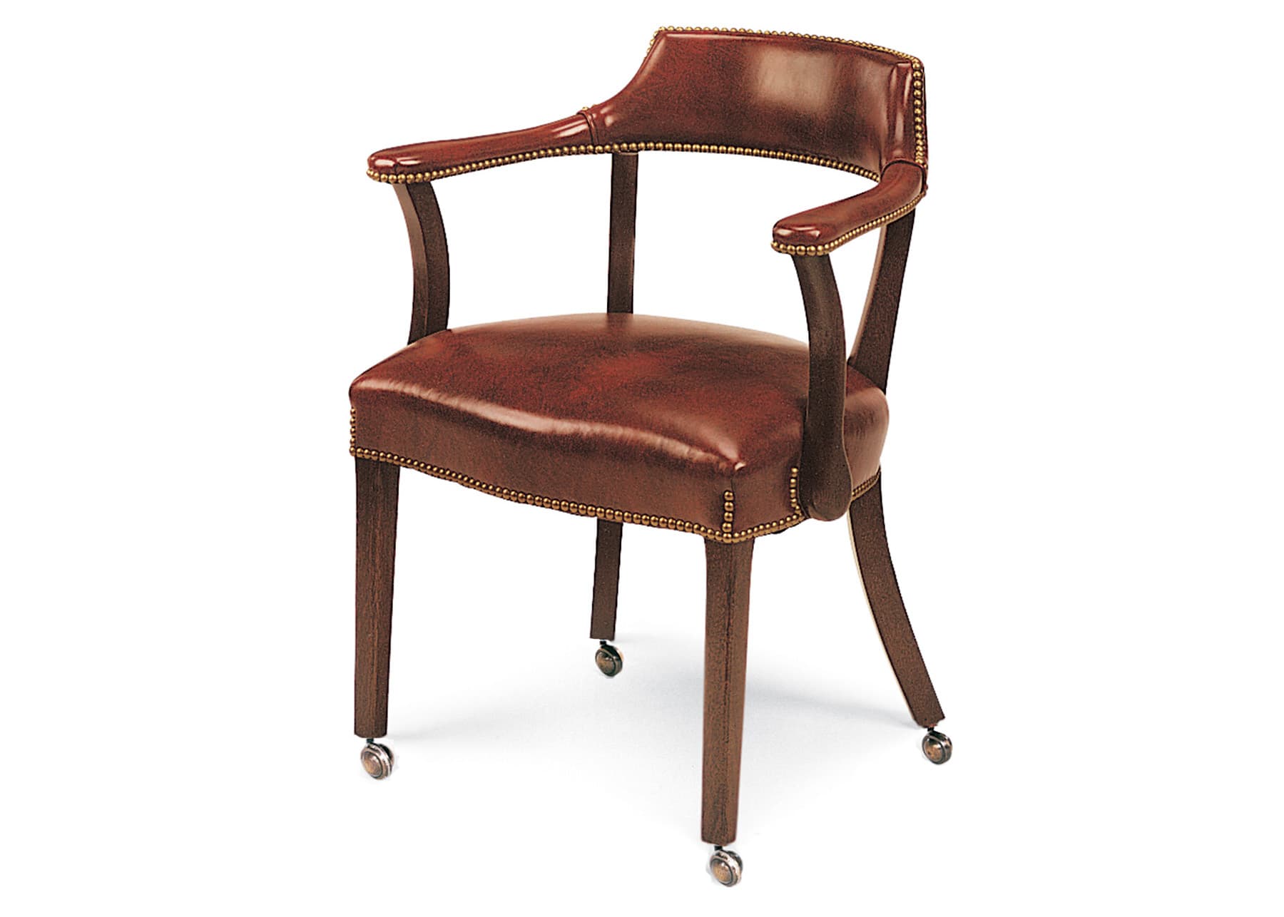A traditional armchair featuring rich reddish-brown leather upholstery, dark finished wooden frame, and brass nailhead trim. The chair has curved armrests, a slightly curved back, and all four legs are fitted with small brass casters for mobility. — 3D model