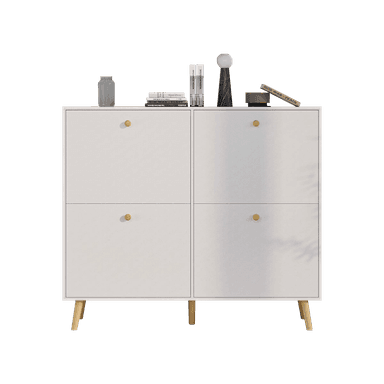 A compact, modern white shoe cabinet featuring four tilt-out compartments, each accented with a small brass-toned knob, supported by splayed natural wood legs. — 3D model