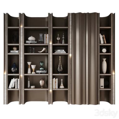 A sophisticated modular shelving system designed for display and storage, featuring multiple vertical sections with fixed shelves. The unit incorporates a central fluted or pleated decorative panel, possibly a door or a screen element, adding a unique textural contrast. It is finished in a dark wood, possibly veneer, with lighter accent strips, and some sections include integrated lighting. — 3D model