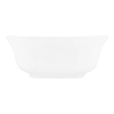 A white, modern freestanding bathtub featuring an elongated oval shape. The tub has gently outward-flared sides and a subtle, integrated rectangular overflow slot visible near the upper rim. Its design is sleek and minimalist, presented on a plain white background, highlighting its clean lines. — 3D model