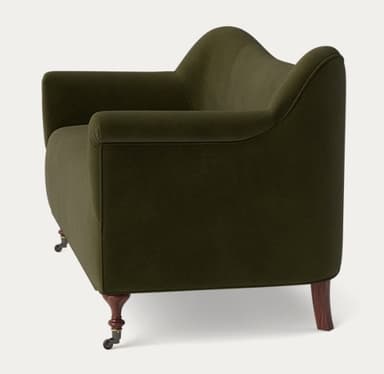 A two-seater sofa with a curved backrest and rolled arms. The sofa is upholstered in a textured fabric and features turned wooden legs. — 3D model