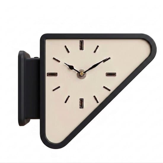 A contemporary double-sided wall clock with a unique triangular shape. It features a dark-colored frame and an off-white face with minimalist black hour markers and hands. The clock is designed to be mounted on a wall bracket, allowing the time to be viewed from two directions. — 3D model