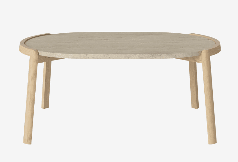 A coffee table with an oval-shaped top and four tapered legs. The tabletop appears to be made of a stone-like material with a textured surface and is set within a light-colored wooden frame. The legs are also made of light-colored wood and have a simple, clean design. — 3D model