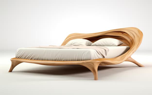 A unique bed frame crafted from light-toned wood, featuring an organically sculpted design with fluid, curving lines that form an integrated headboard and base. The bed is adorned with simple white bedding. — 3D model