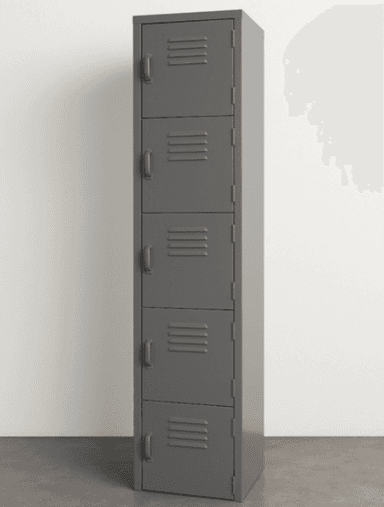A tall, slender, five-compartment industrial locker cabinet made of gray metal. Each compartment has an individual door with an integrated pull handle and louvered ventilation slats. The unit is designed for functional, secure storage in high-traffic environments. — 3D model