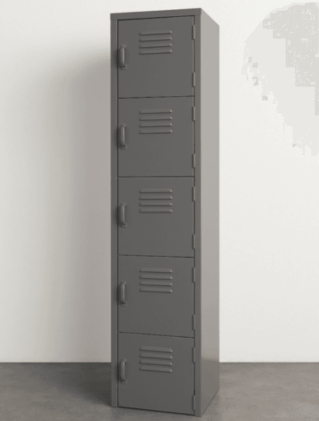 A tall, slender, five-compartment industrial locker cabinet made of gray metal. Each compartment has an individual door with an integrated pull handle and louvered ventilation slats. The unit is designed for functional, secure storage in high-traffic environments. — 3D model